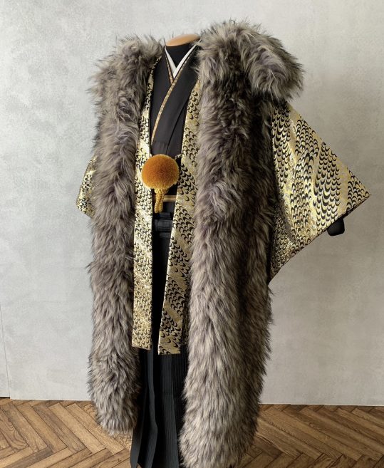 【成人式】紋付羽織袴用ロングファーコート・黒グレー